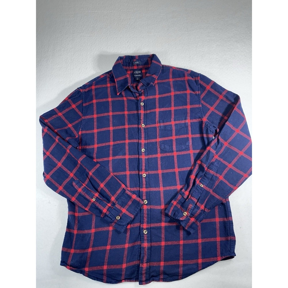 J. Crew Re-Imagined Flannel Shirt Mens L Large Slim Fit Blue Red Plaid Cotton